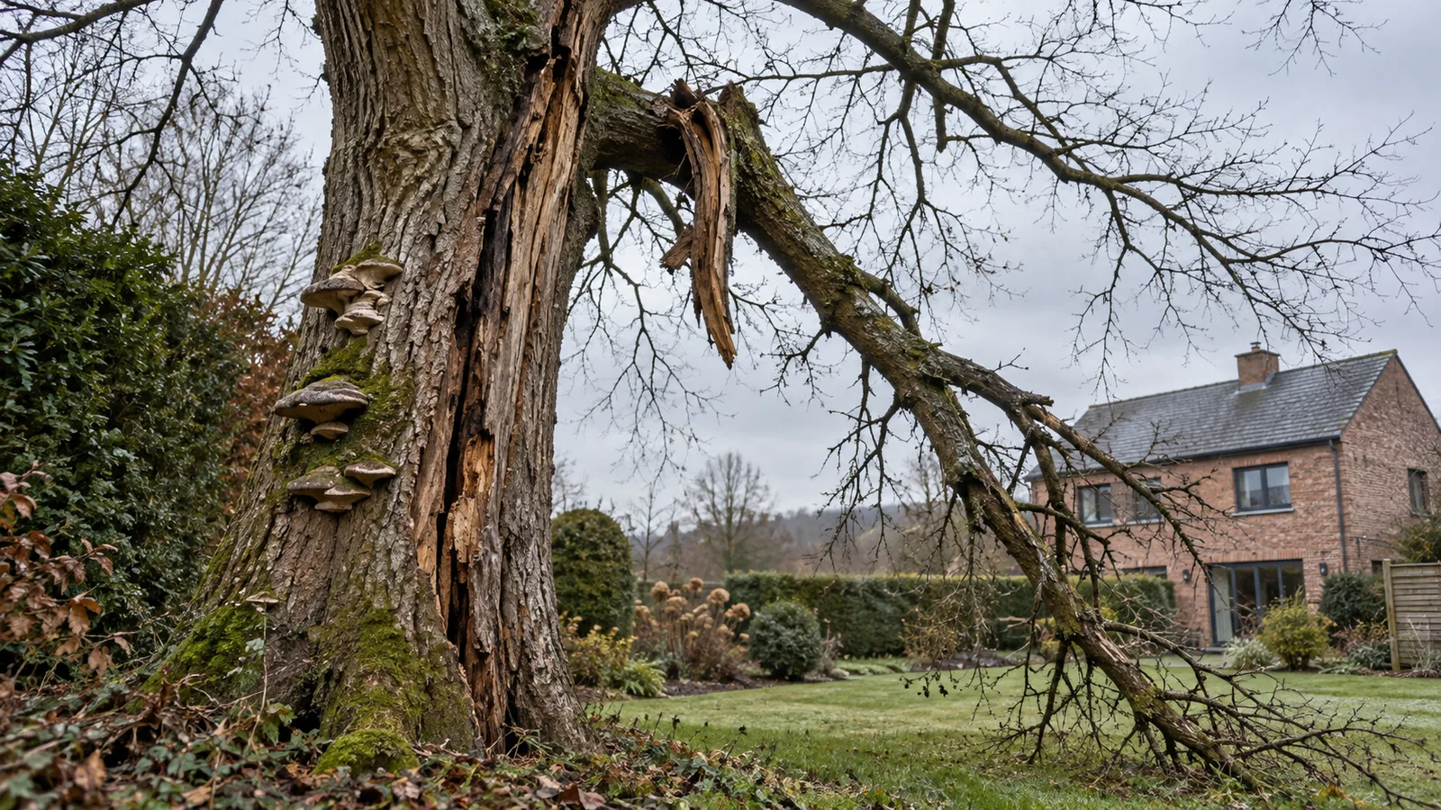 Arbre dangereux au tronc fendu et à la grosse branche morte, près d'une maison