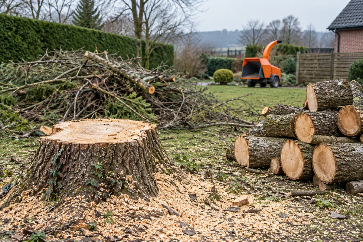Souche et rondins empilés après l'abattage d'un arbre