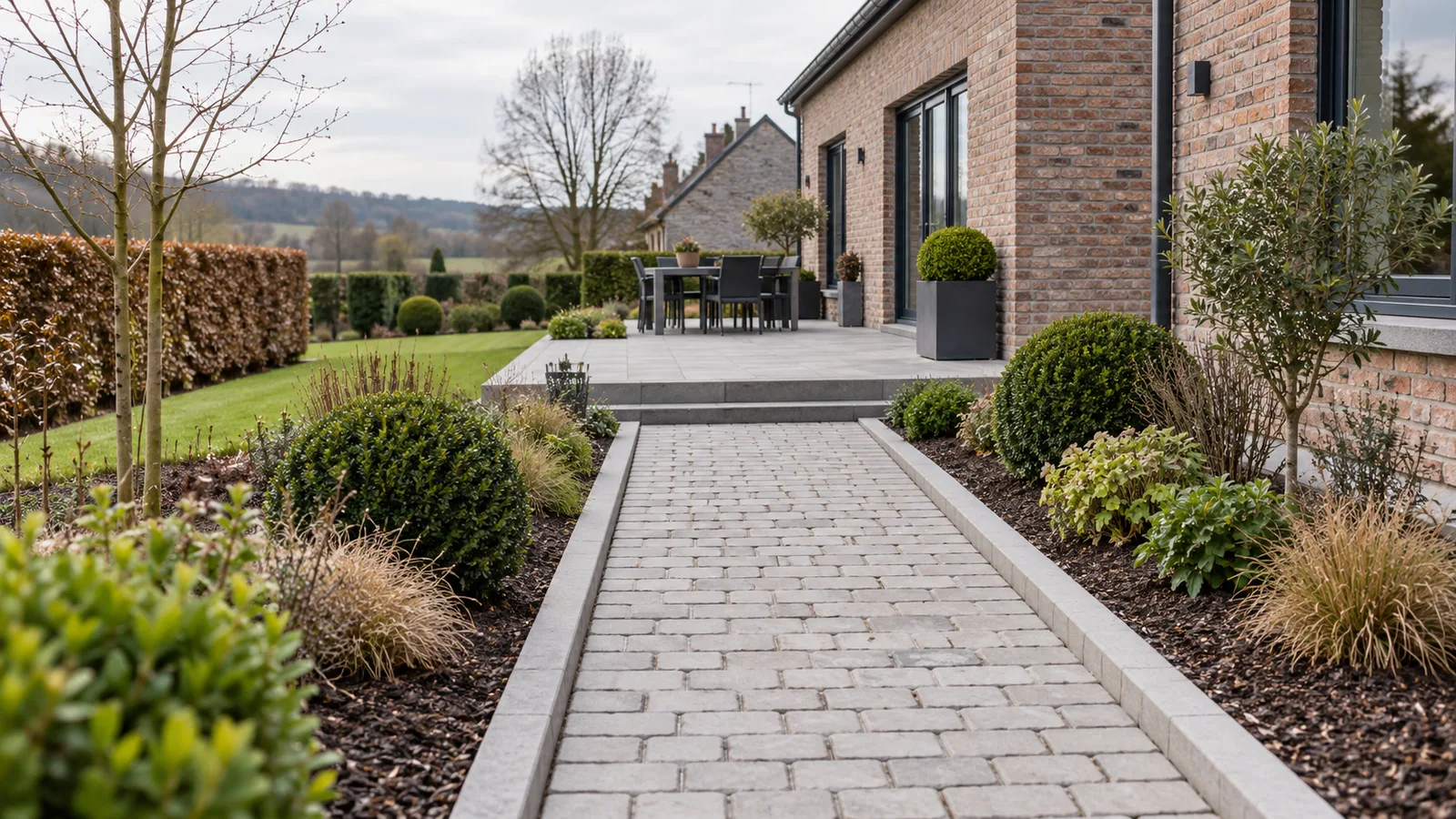 Allée en pavés et terrasse en dalles devant une maison en brique