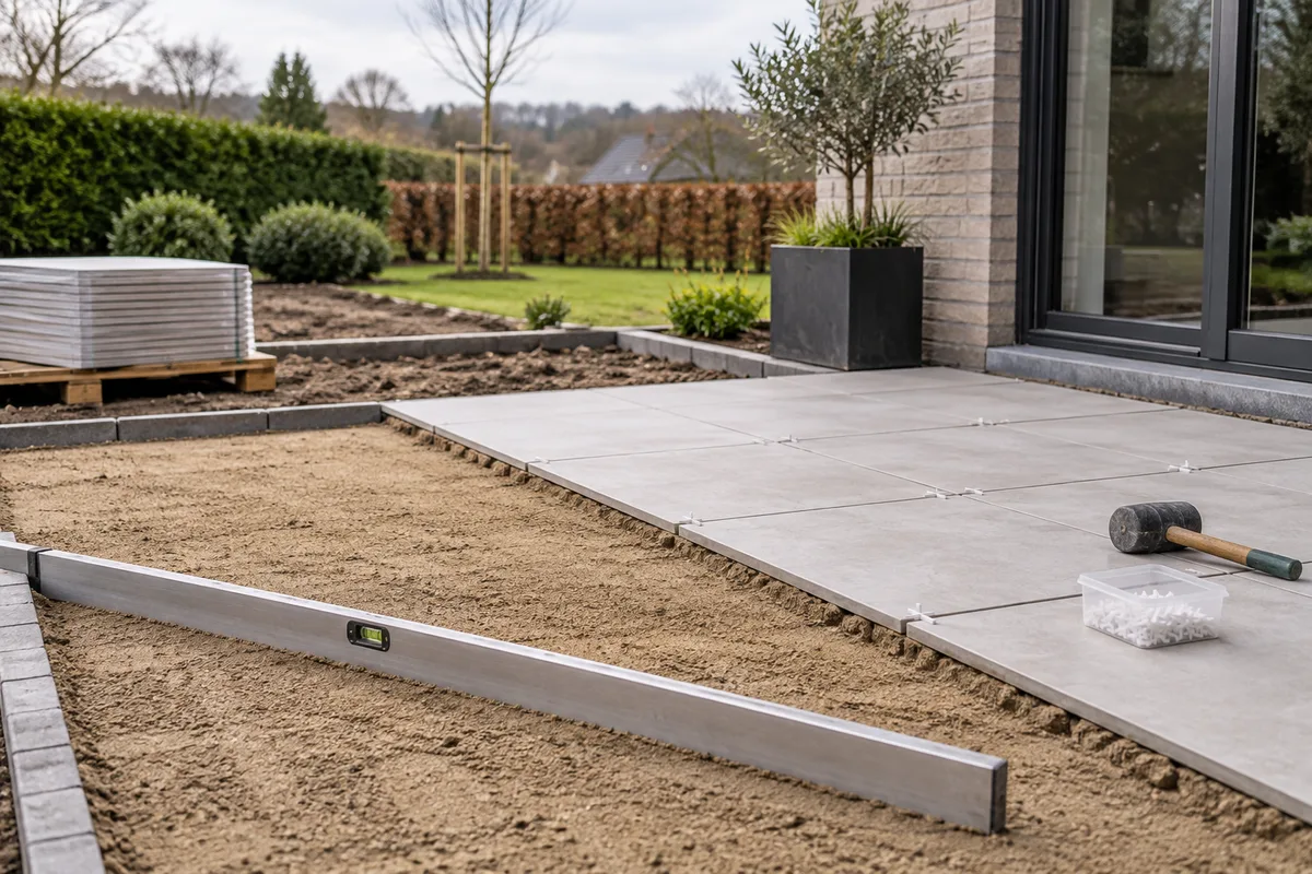 Terrasse en cours de pose sur un lit de sable avec dalles et niveau