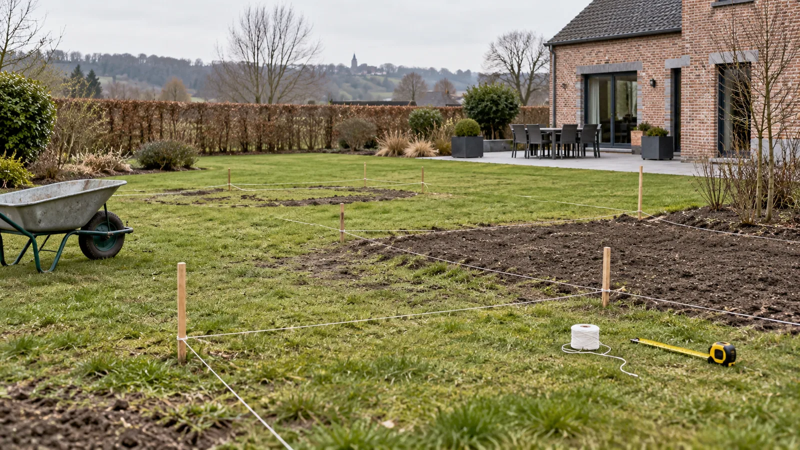 Jardin en début d'aménagement avec piquets et cordeau qui dessinent les futures zones