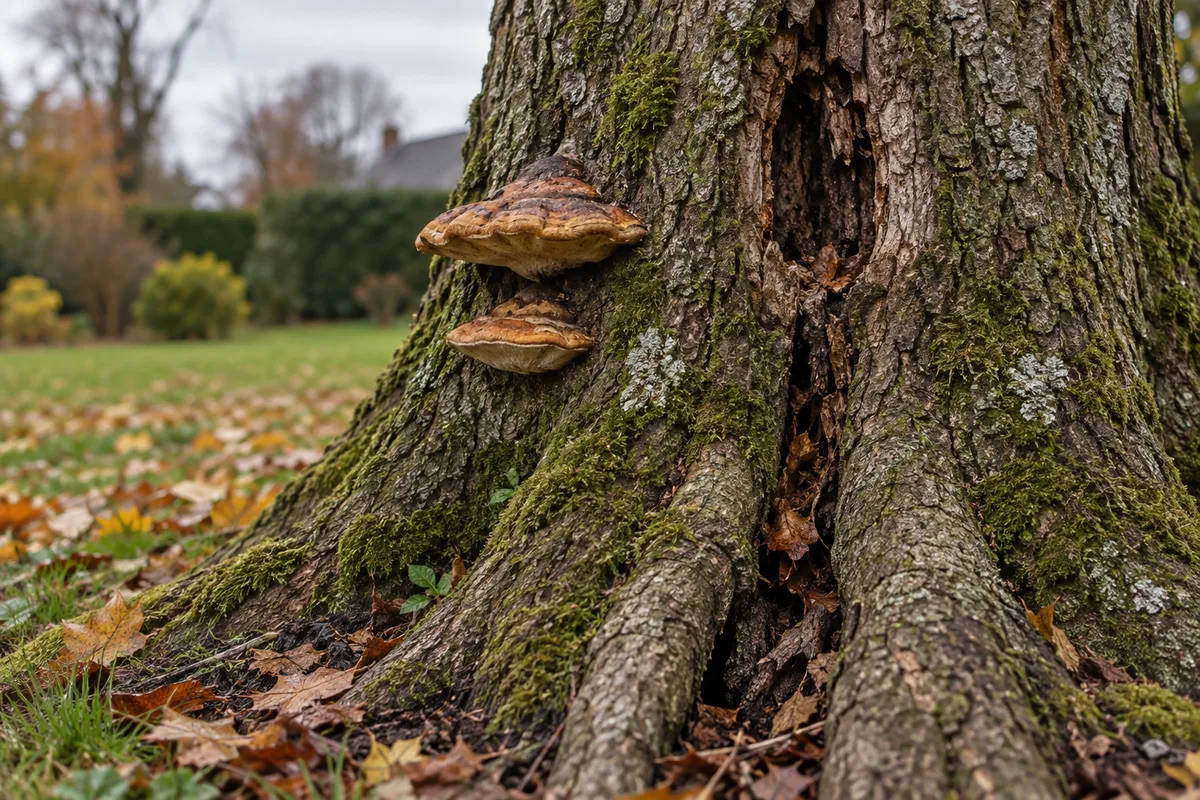 Champignons en console et fissure au pied d'un arbre fragilisé