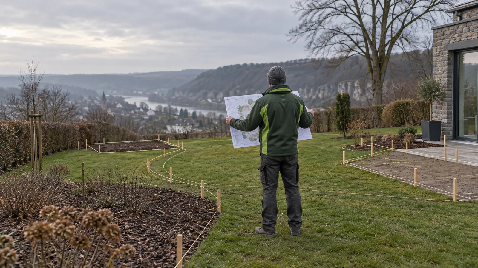 Paysagiste comparant un plan déroulé aux cordeaux tracés dans un jardin nu