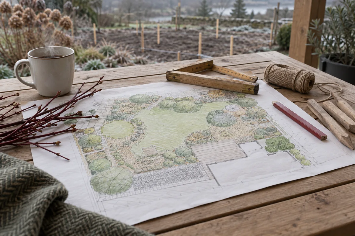 Plan de jardin dessiné à la main entouré d'outils de traçage