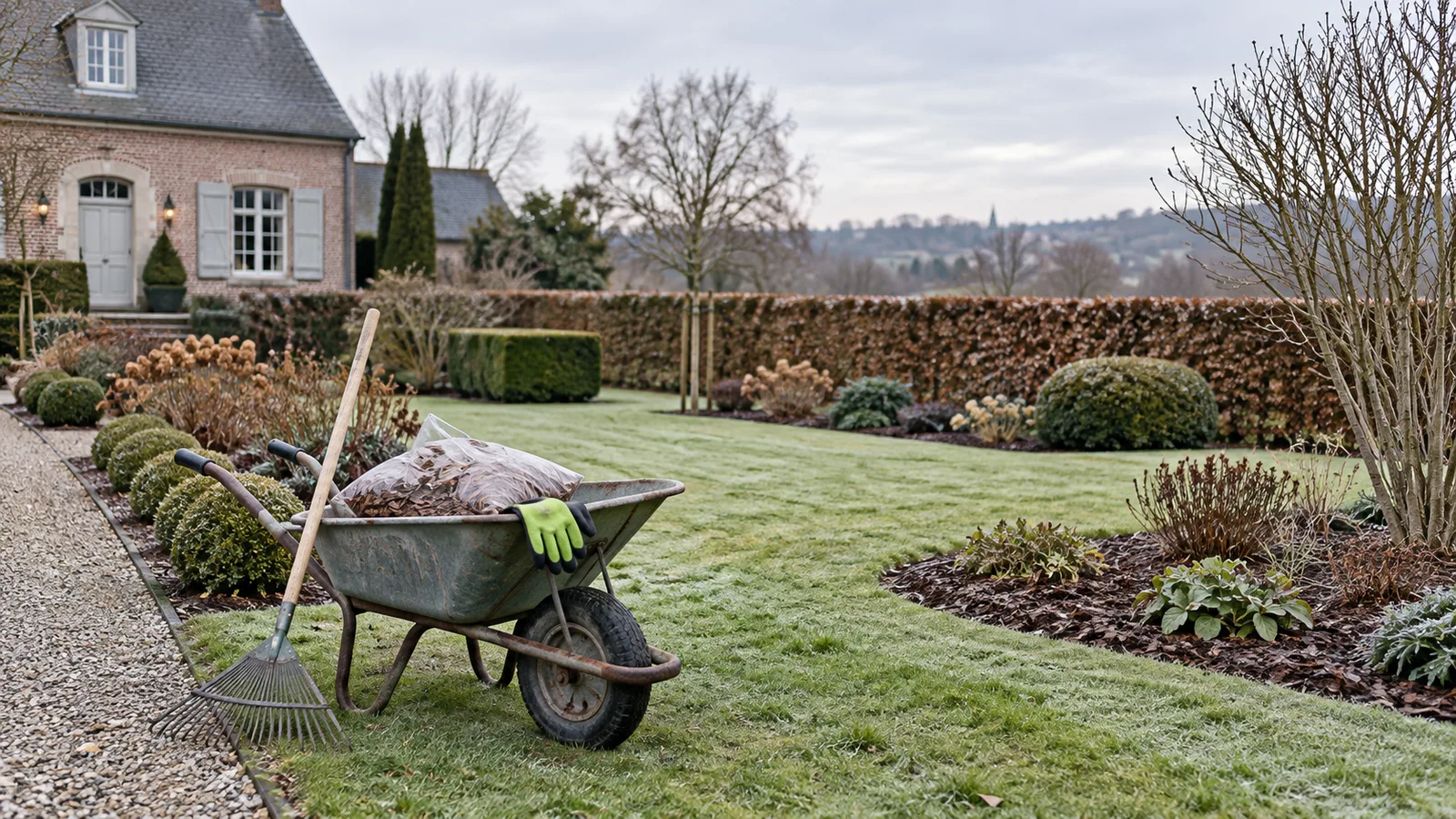 Jardin d'hiver impeccable avec brouette, râteau et gants sur la pelouse
