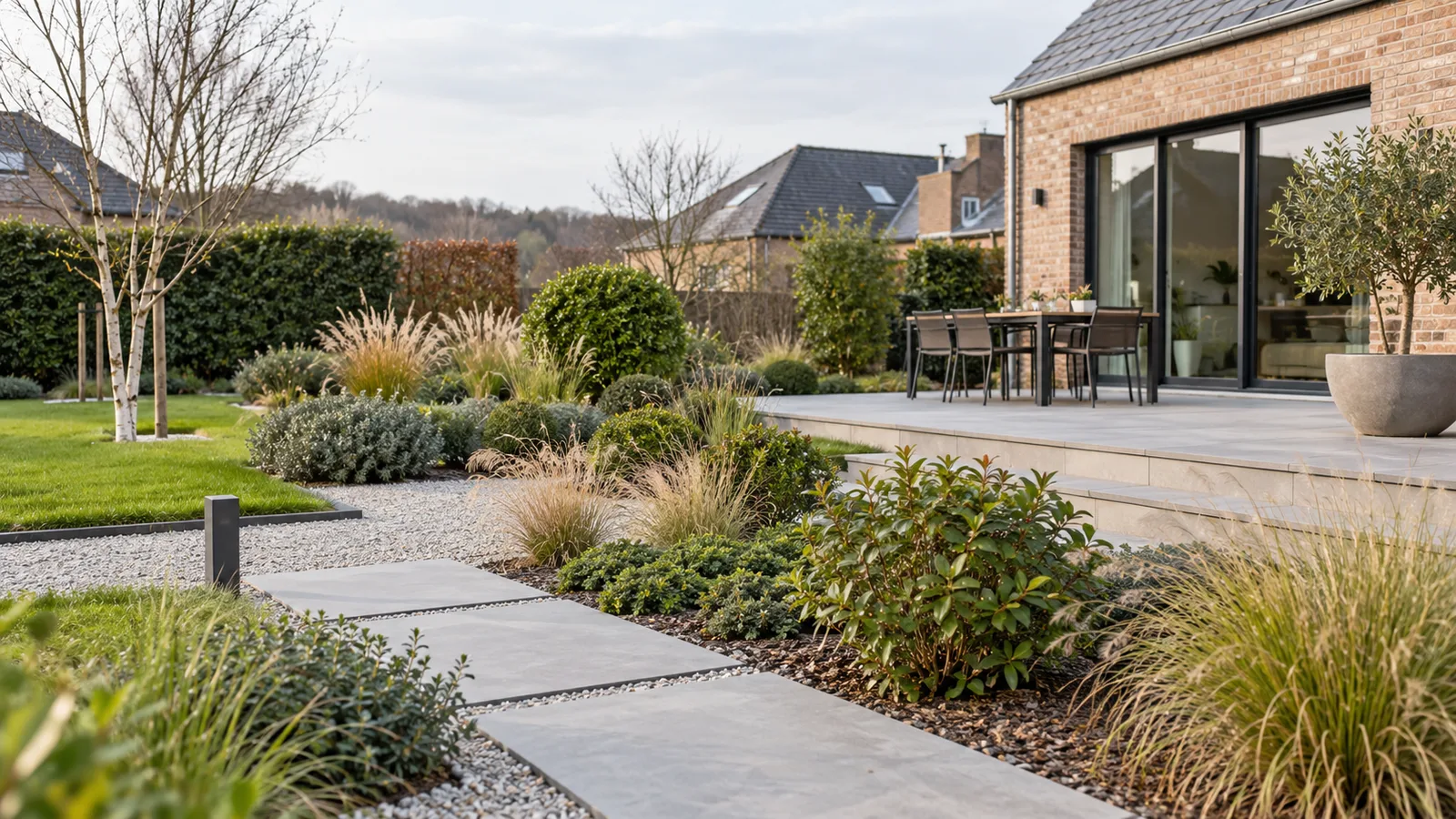 Jardin contemporain à faible entretien avec graminées, gravier et dalles