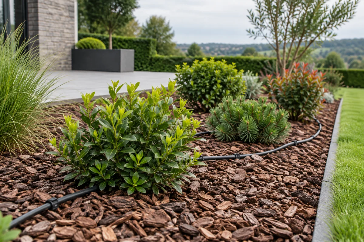 Massif paillé avec arrosage goutte à goutte et plantes couvre-sol