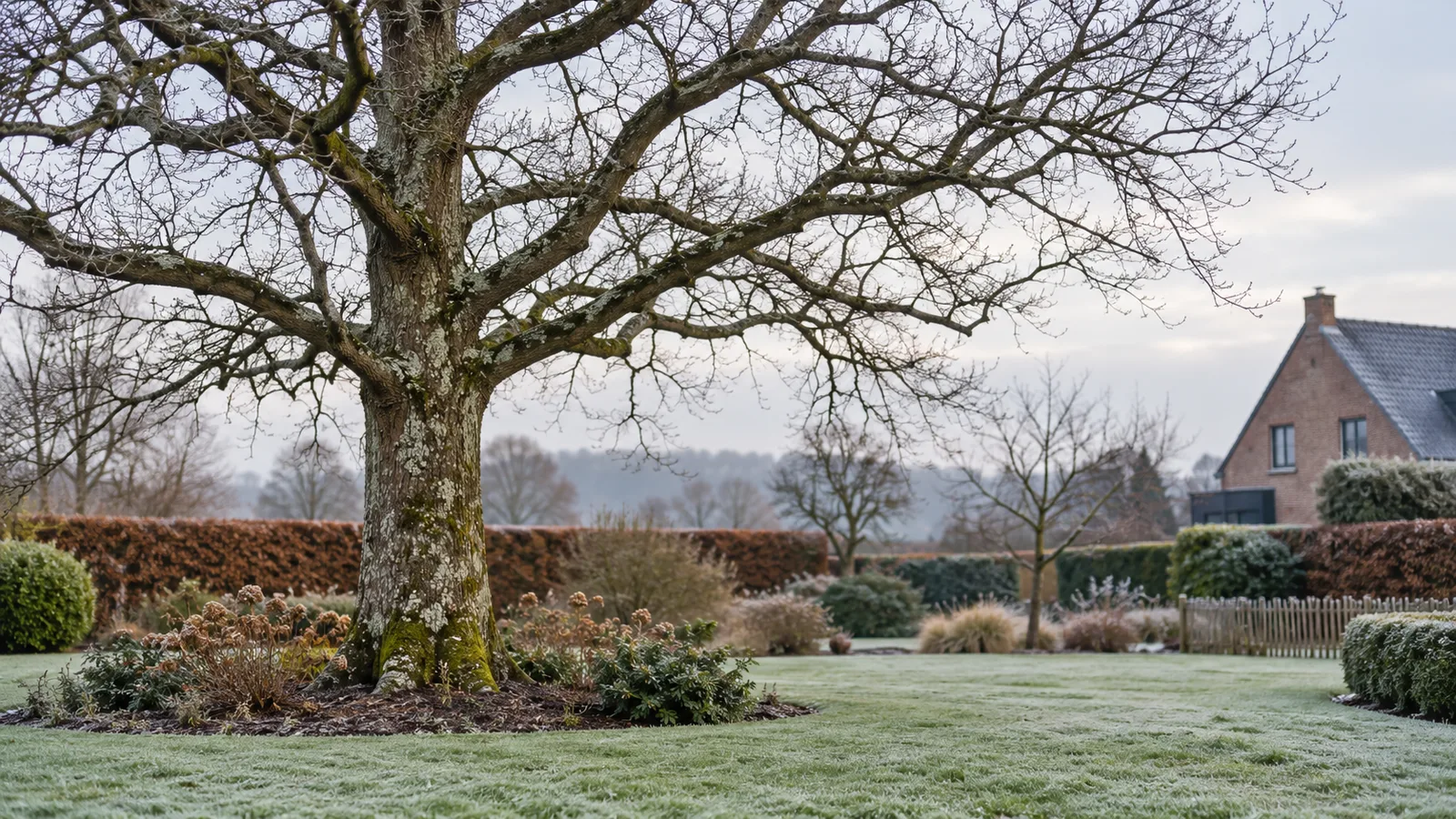 Arbre sans feuilles en hiver dans un jardin, prêt pour l'élagage