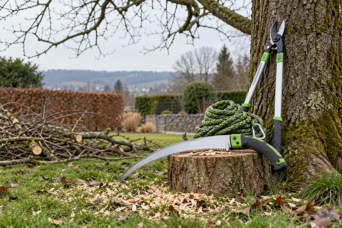 Scie d'élagage, sécateur et corde posés sur un rondin au pied d'un arbre