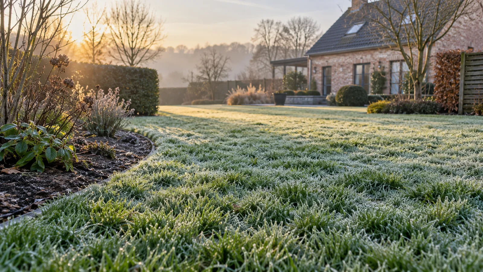 Pelouse verte givrée au petit matin à la fin de l'hiver
