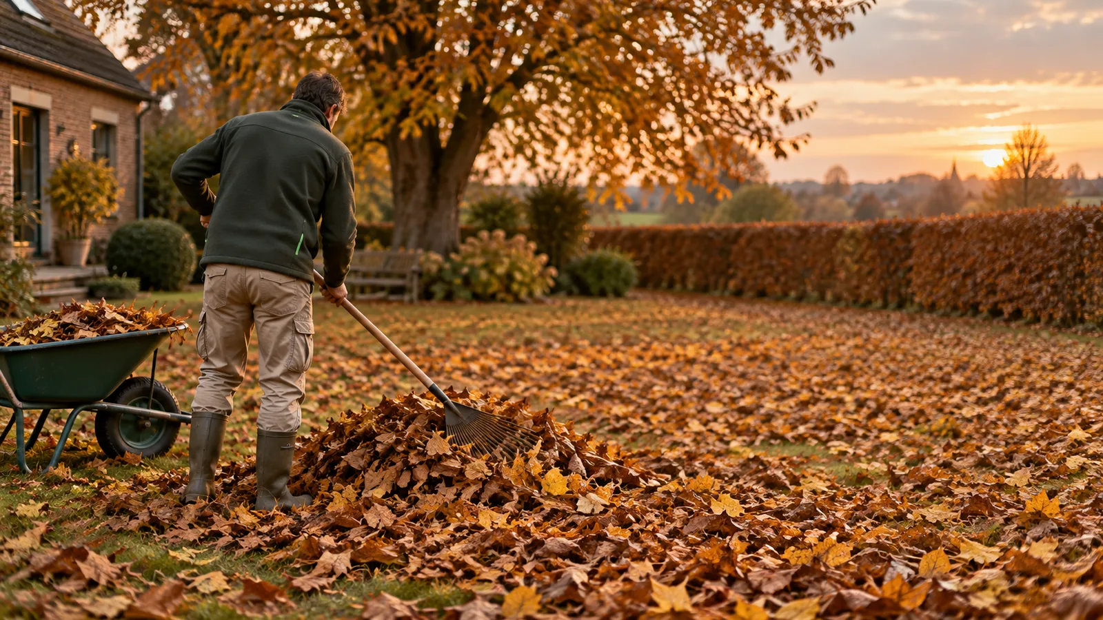 Jardinier ratissant un tapis de feuilles mortes sur une pelouse