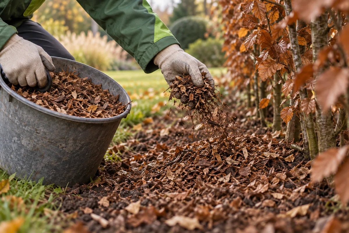 Main répandant des feuilles broyées en paillis au pied d'un arbuste