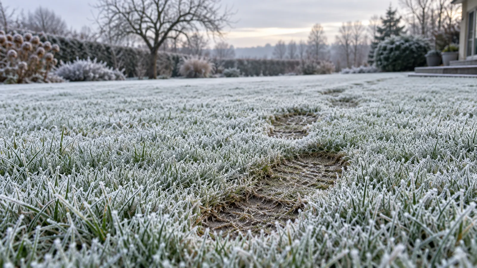 Traces de pas brunies dans une pelouse entièrement couverte de givre