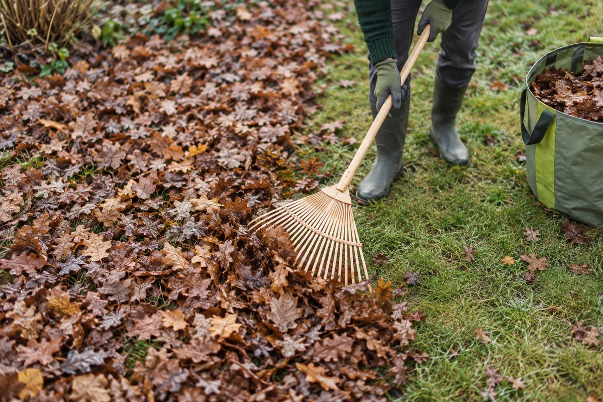 Mains ratissant les feuilles mortes qui étouffent une pelouse