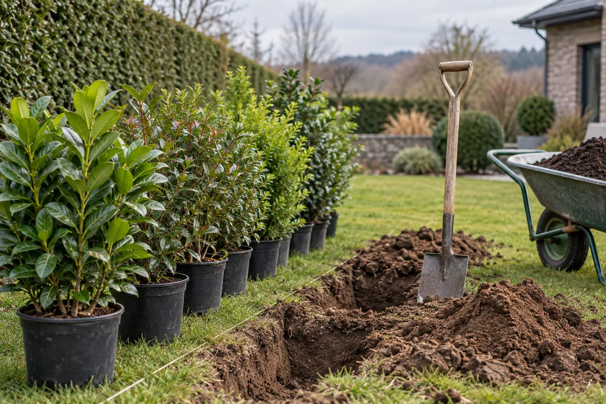 Plants de haie en conteneurs alignés à côté d'un trou de plantation