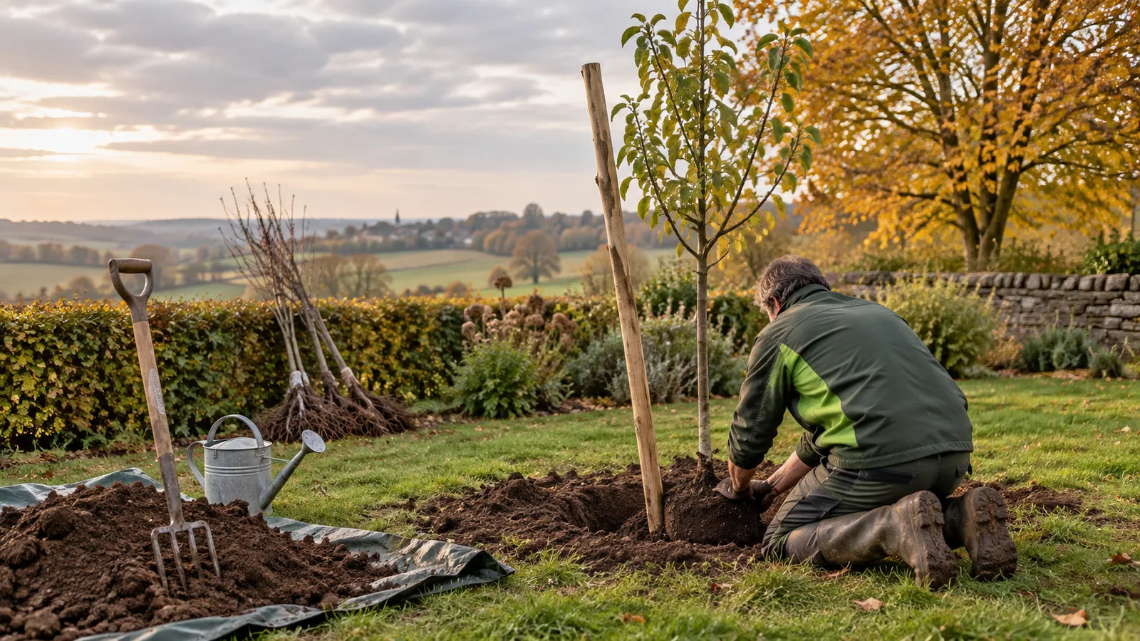 Jardinier regroupant la terre autour des racines d'un jeune poirier planté