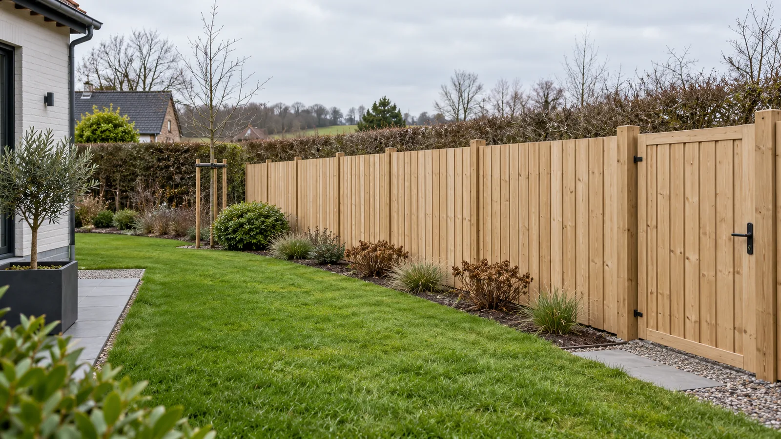 Clôture de jardin neuve en bois à lames verticales avec son portillon