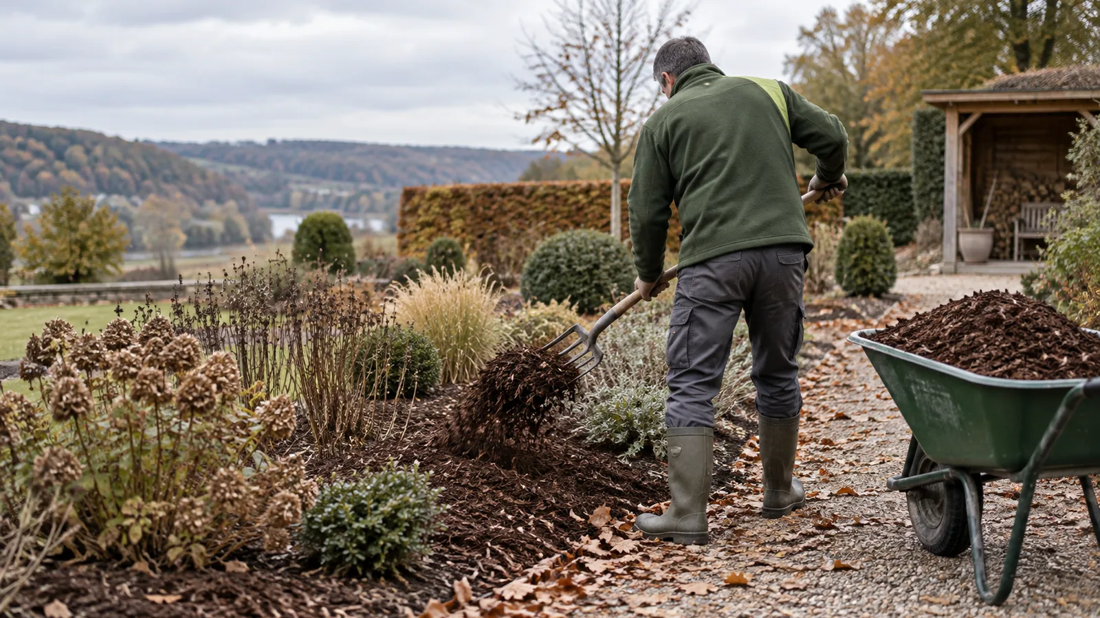 Jardinier déversant du paillis au pied d'un massif en automne
