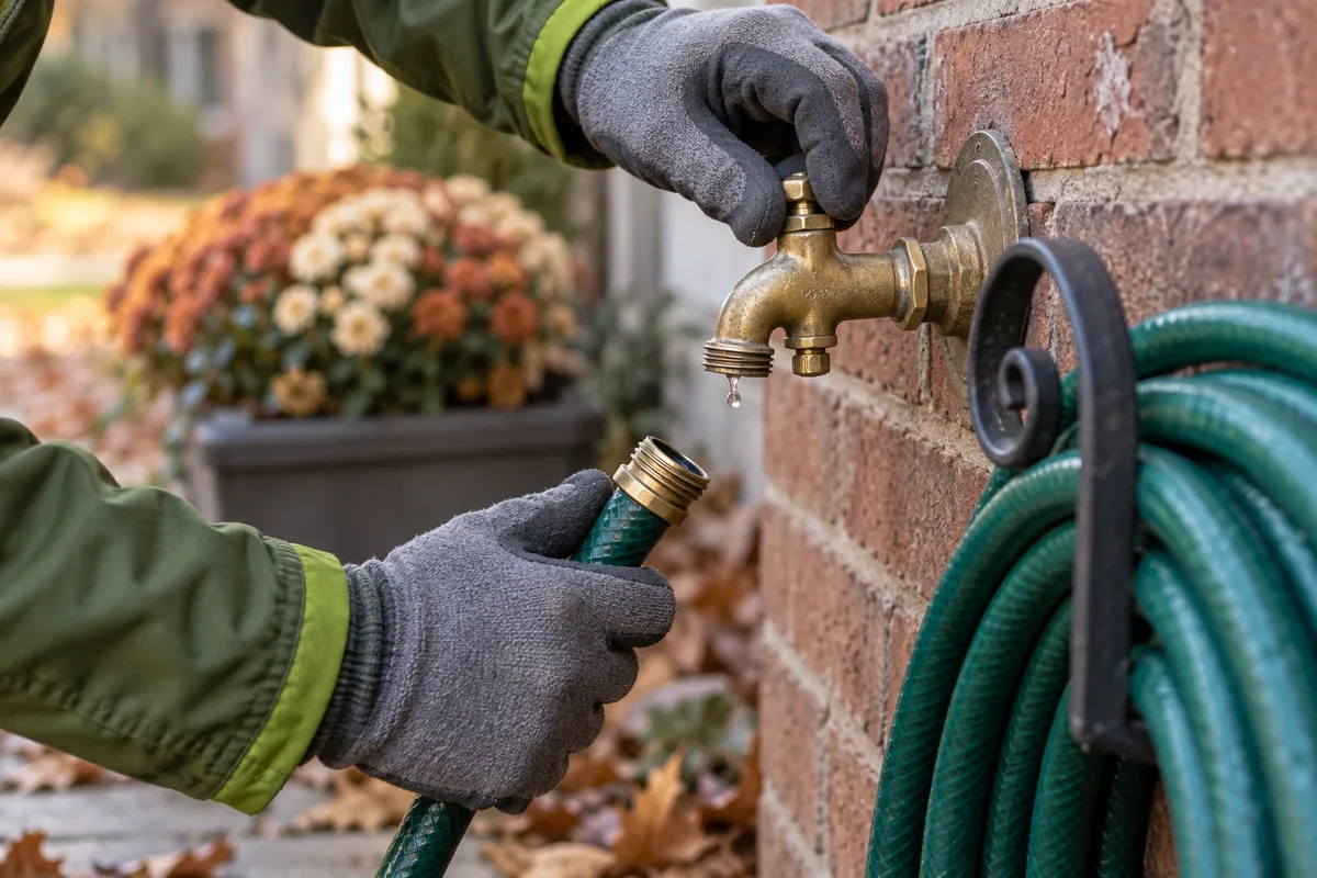 Mains purgeant un robinet extérieur avant l'hiver