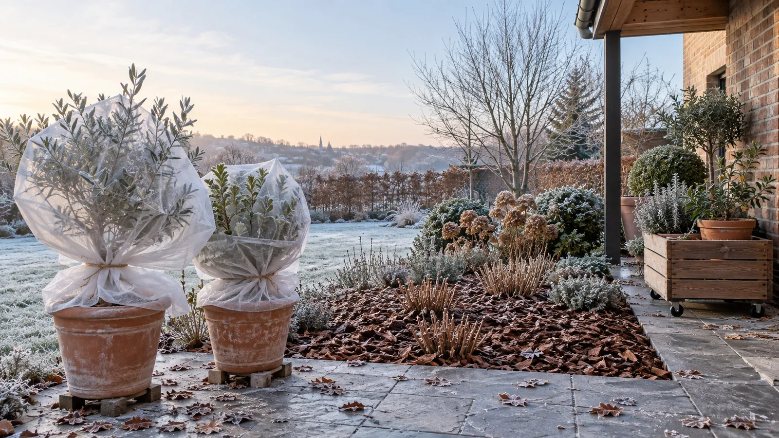 Pots voilés et massif paillé sur une terrasse givrée au petit matin
