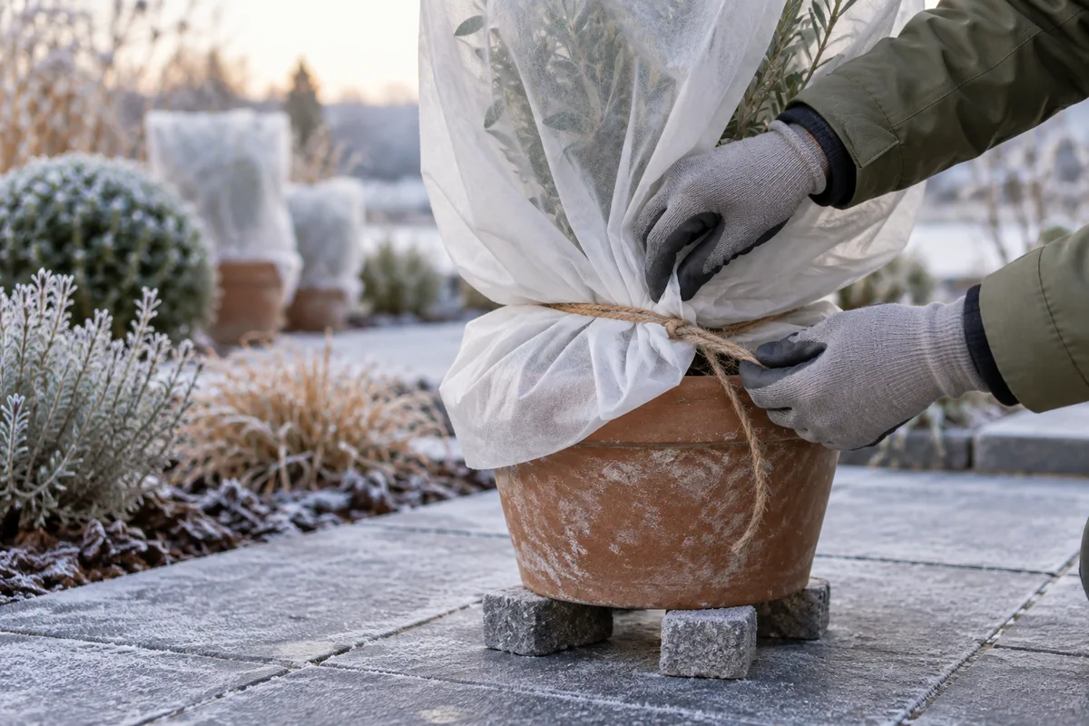 Mains nouant un voile d'hivernage autour d'un jeune sujet en pot