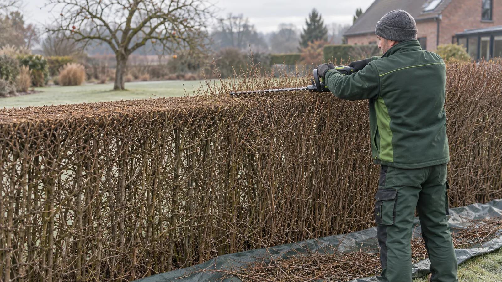 Jardinier taillant une haie de charmes défeuillée au taille-haie à batterie