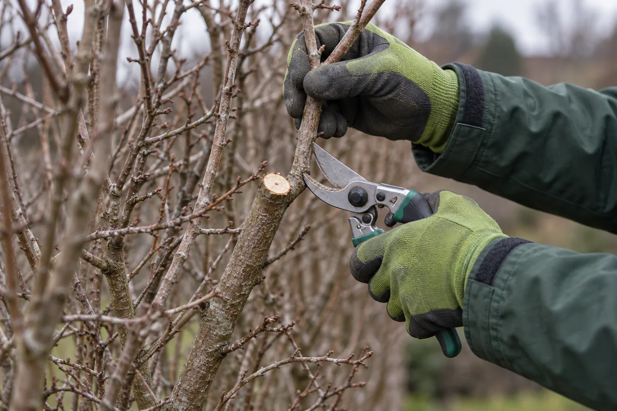 Mains au sécateur coupant net une branche maîtresse de haie